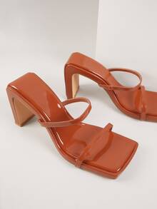 Tacones PU cuadrado de punta abierta bajo - Óxido marrón - Ver 4