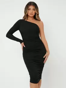 SHEIN SXY Vestido ajustado de un hombro fruncido - Negro - Ver 5