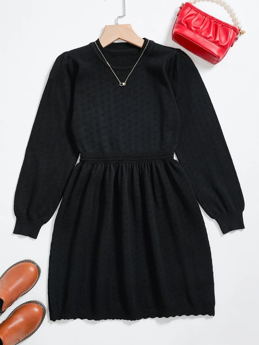 女孩燈籠袖網眼針織毛衣洋裝