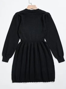 女孩燈籠袖網眼針織毛衣洋裝