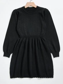 女孩燈籠袖網眼針織毛衣洋裝