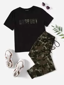 Seusyu Letter Graphic Top & Camo Joggers Set - Multicolor - View 1