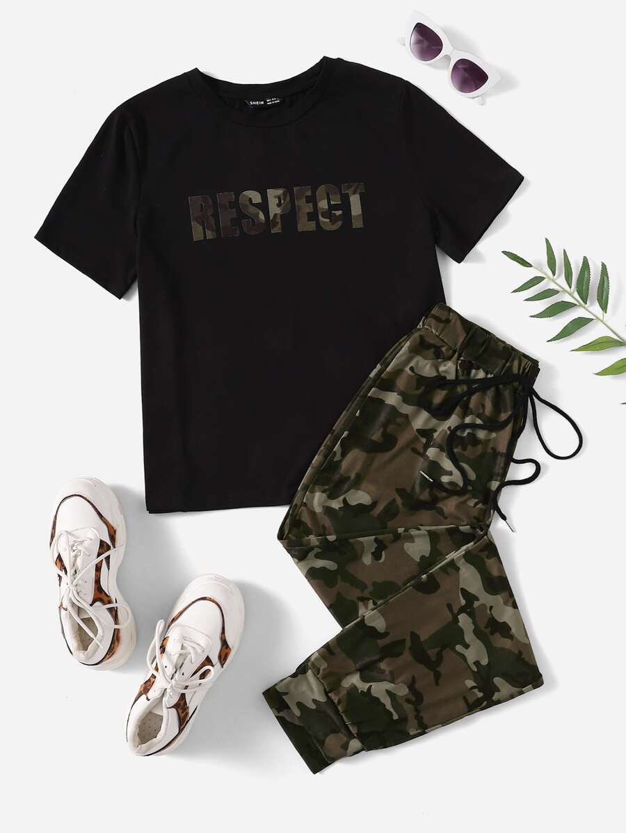 Seusyu Letter Graphic Top & Camo Joggers Set - Multicolor - View 1