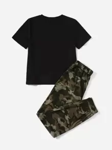 Seusyu Letter Graphic Top & Camo Joggers Set - Multicolor - View 2