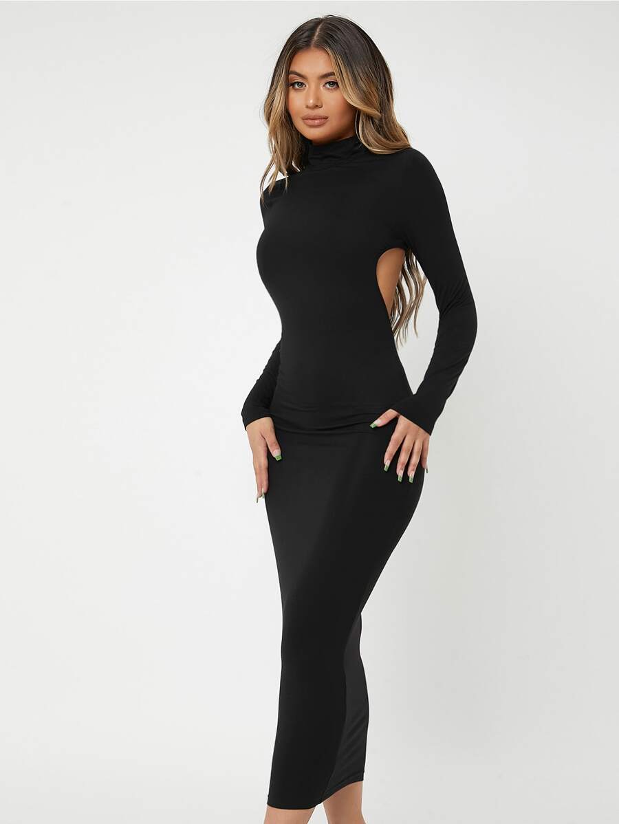 SHEIN SXY Spring Low Turtleneck Backless Black Tight Long-Sleeved Sexy Dress - Black - View 1