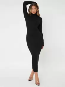 SHEIN SXY Spring Low Turtleneck Backless Black Tight Long-Sleeved Sexy Dress - Black - View 2