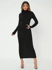 SHEIN SXY Spring Low Turtleneck Backless Black Tight Long-Sleeved Sexy Dress - Black - View 3