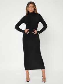 SHEIN SXY Spring Low Turtleneck Backless Black Tight Long-Sleeved Sexy Dress - Black - View 4
