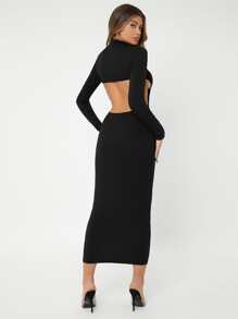 SHEIN SXY Spring Low Turtleneck Backless Black Tight Long-Sleeved Sexy Dress - Black - View 5