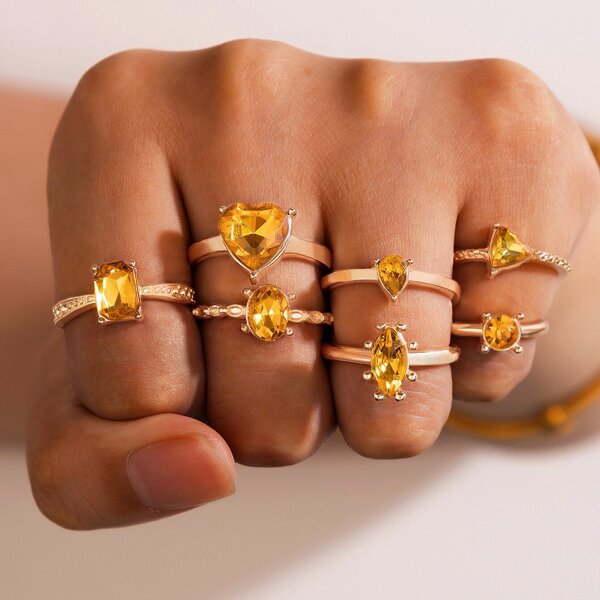 

7pcs Rhinestone Decor Ring, Yellow