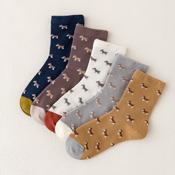 

5pairs Cartoon Dog Graphic Crew Socks, Multicolor