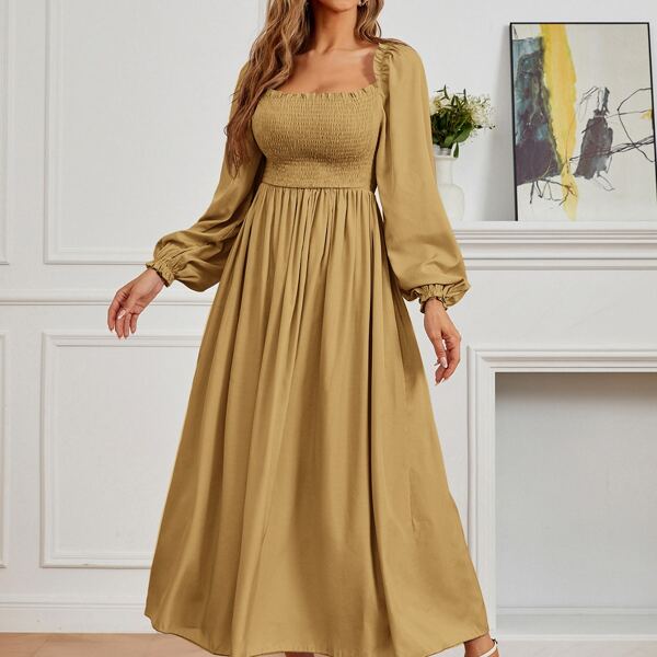 

Square Neck Bishop Sleeve Shirred A-line Dress, Mustard yellow