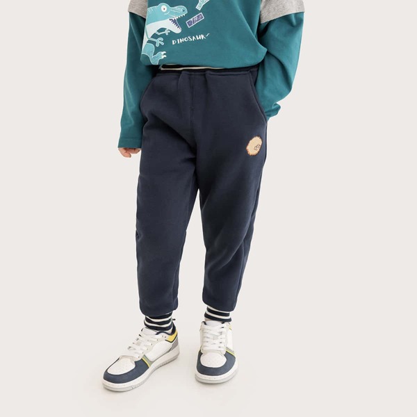 

Toddler Boys 1pc Cartoon Embroidered Striped Trim Thermal Sweatpants, Navy blue