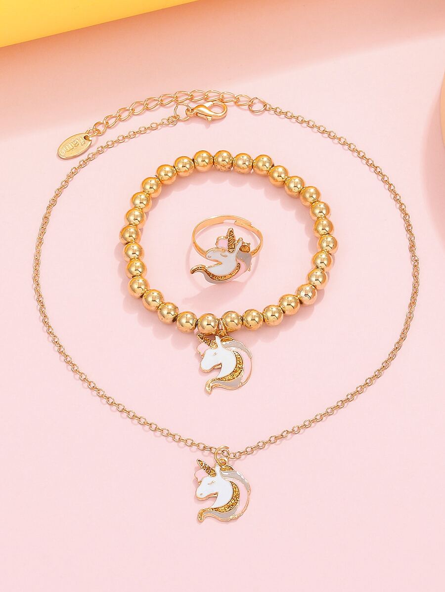 3pcs Girls Unicorn Decor Jewelry Set - Yellow Gold - View 1