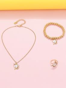 3pcs Girls Unicorn Decor Jewelry Set - Yellow Gold - View 3