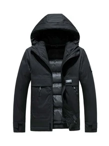 Manfinity Đàn ông Thư Patched Chi tiết Dây rút Flap Pocket Áo khoác có mũ trùm đầu - màu đen - Xem 1