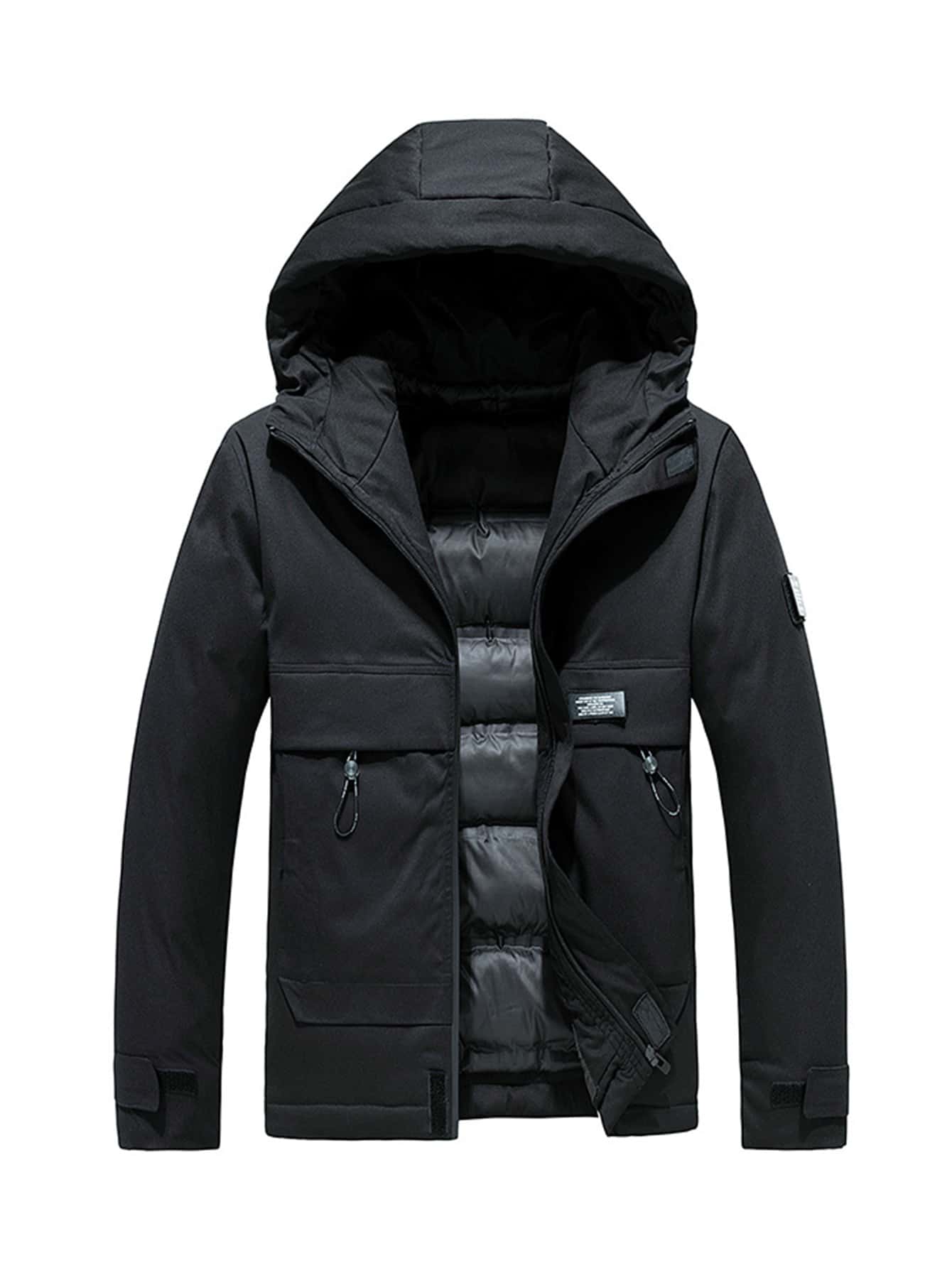 Manfinity Đàn ông Thư Patched Chi tiết Dây rút Flap Pocket Áo khoác có mũ trùm đầu - màu đen - Xem 1