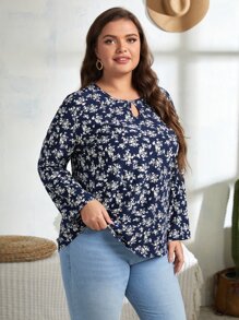 大碼滿版印花鏤空襯衫 - 藍白色 - 查看 1