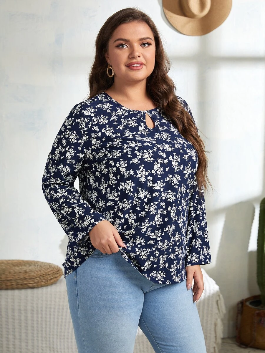 大碼滿版印花鏤空襯衫 - 藍白色 - 查看 1