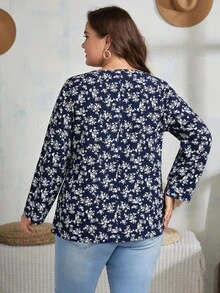 大碼滿版印花鏤空襯衫 - 藍白色 - 查看 2