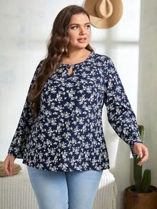 大碼滿版印花鏤空襯衫 - 藍白色 - 查看 3