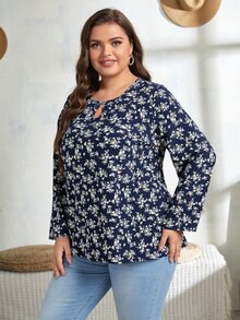 大碼滿版印花鏤空襯衫 - 藍白色 - 查看 4