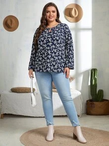 大碼滿版印花鏤空襯衫 - 藍白色 - 查看 5