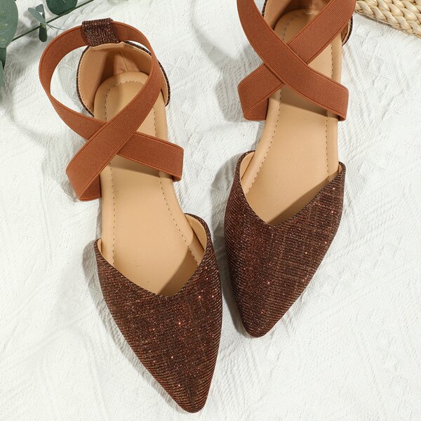 

Glitter Decor Cross Strap Point Toe Ballet Flats, Brown