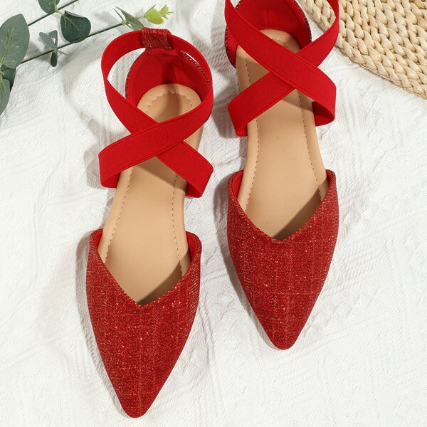

Glitter Decor Cross Strap Point Toe Ballet Flats, Red