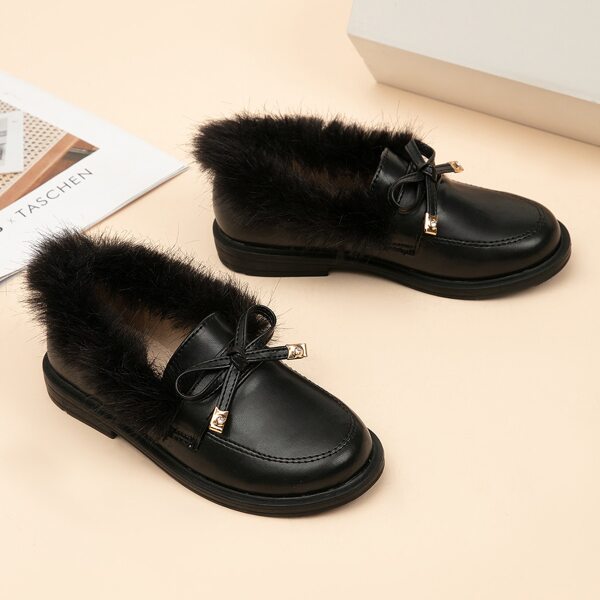 

Girls Bow Decor Fluffy Trim Flats, Black