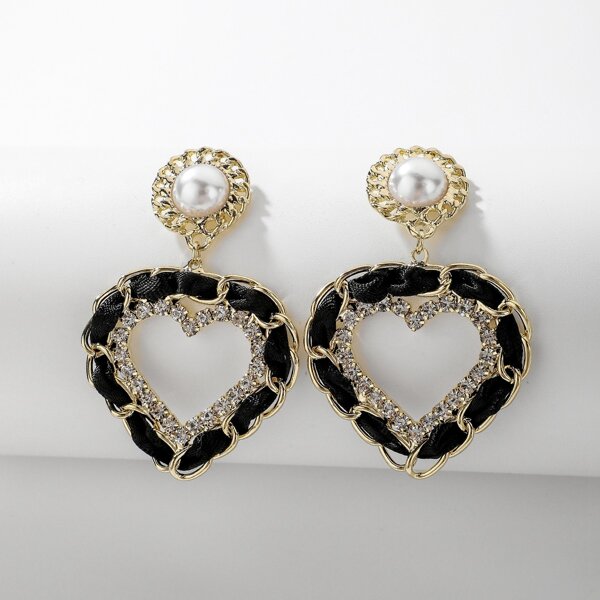 

Rhinestone Decor Heart Drop Earrings, Black