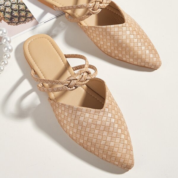 

Weave Graphic Knot Detail Point Toe Flat Mules, Apricot