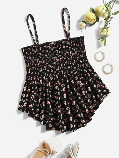 Plus Allover Print Shirred Asymmetrical Hem Cami Top