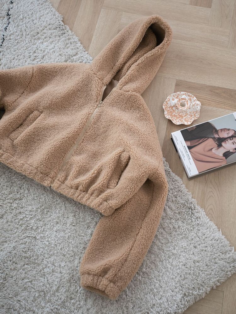 Zip Up Drop Shoulder Hooded Teddy Jacket