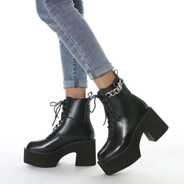 

Chain Decor Lace-up Front Platform Combat Boots, Black