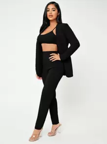 SHEIN SXY 素色開門襟西裝外套和褲子套裝不附帶吊帶內搭 - 黑色 - 查看 1