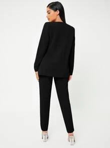 SHEIN SXY 素色開門襟西裝外套和褲子套裝不附帶吊帶內搭 - 黑色 - 查看 2