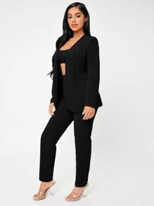 SHEIN SXY 素色開門襟西裝外套和褲子套裝不附帶吊帶內搭 - 黑色 - 查看 3