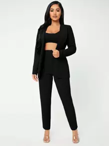 SHEIN SXY 素色開門襟西裝外套和褲子套裝不附帶吊帶內搭 - 黑色 - 查看 5