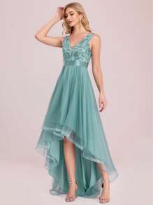 EVERPRETTY Sequin Flower Embroidered High Low Hem Mesh Bridesmaid Dress, Semi Formal Prom Dress, For Birthday, Wedding Guest, Graduation Homecoming