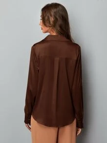 SHEIN Clasi Satin Solid Button Up Shirt - Coffee Brown - View 2