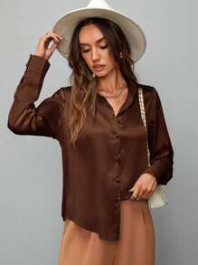 SHEIN Clasi Satin Solid Button Up Shirt - Coffee Brown - View 3