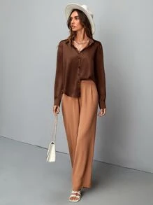 SHEIN Clasi Satin Solid Button Up Shirt - Coffee Brown - View 4