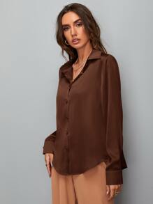 SHEIN Clasi Satin Solid Button Up Shirt - Coffee Brown - View 5