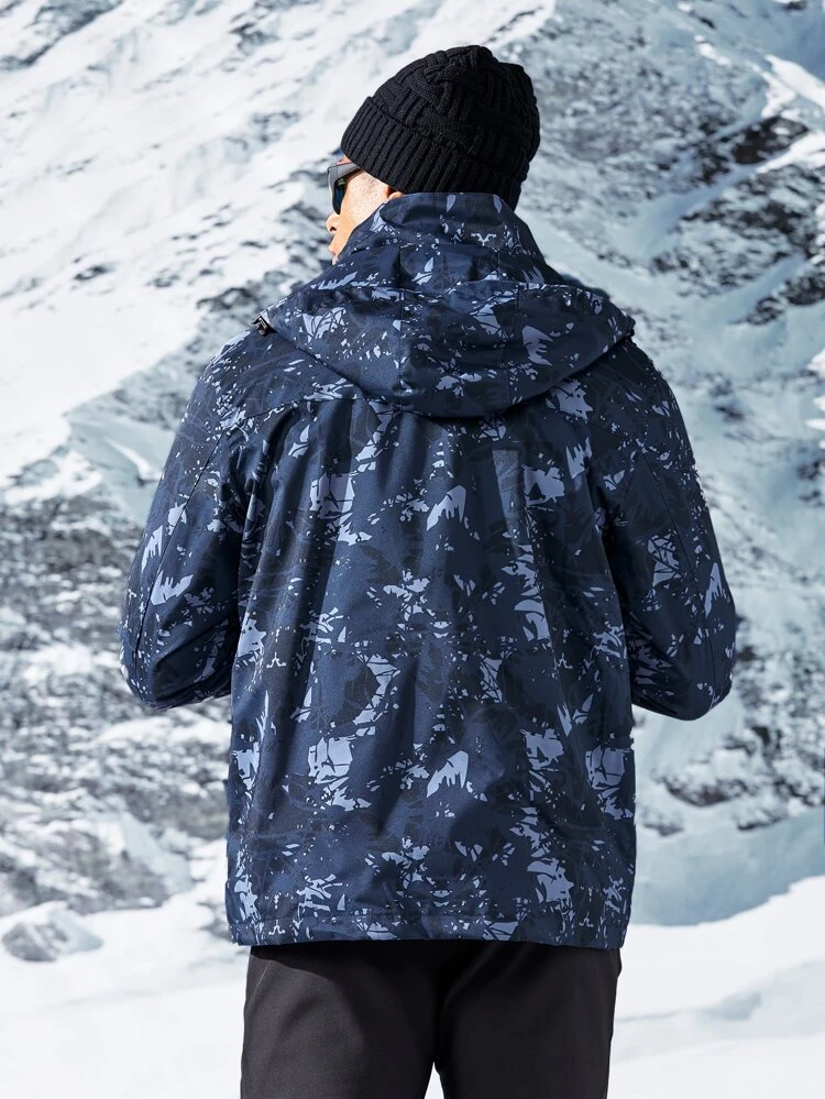 Boyfriend Style Men Random Allover Print Drawstring Hooded Sports Jacket Workout Tops