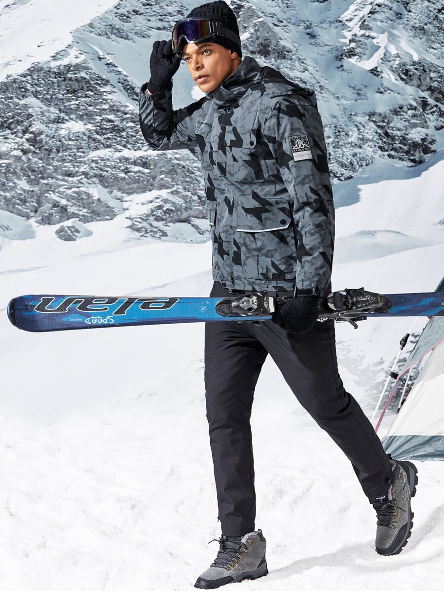 Men Random Geo & Letter Graphic Patch Detail Hooded Sports Jacket - Grey - View 1