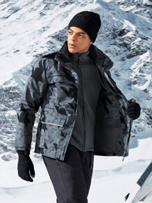 Men Random Geo & Letter Graphic Patch Detail Hooded Sports Jacket - Grey - View 3