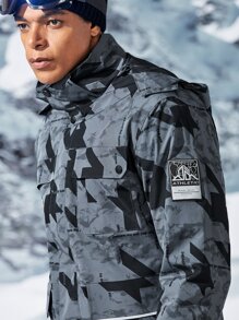 Men Random Geo & Letter Graphic Patch Detail Hooded Sports Jacket - Grey - View 4