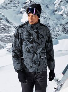 Men Random Geo & Letter Graphic Patch Detail Hooded Sports Jacket - Grey - View 5