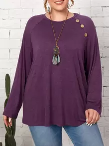 EMERY ROSE Áo thun Plus size Nút phía trước màu trơn Giải trí - Màu tím - Xem 1